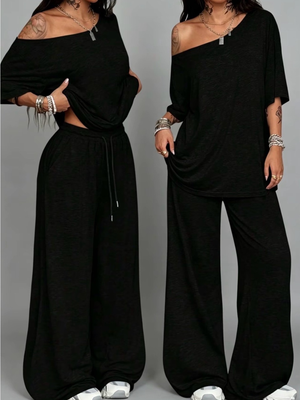 Off-Shoulder Wide-Leg Lounge Jumpsuit - Black